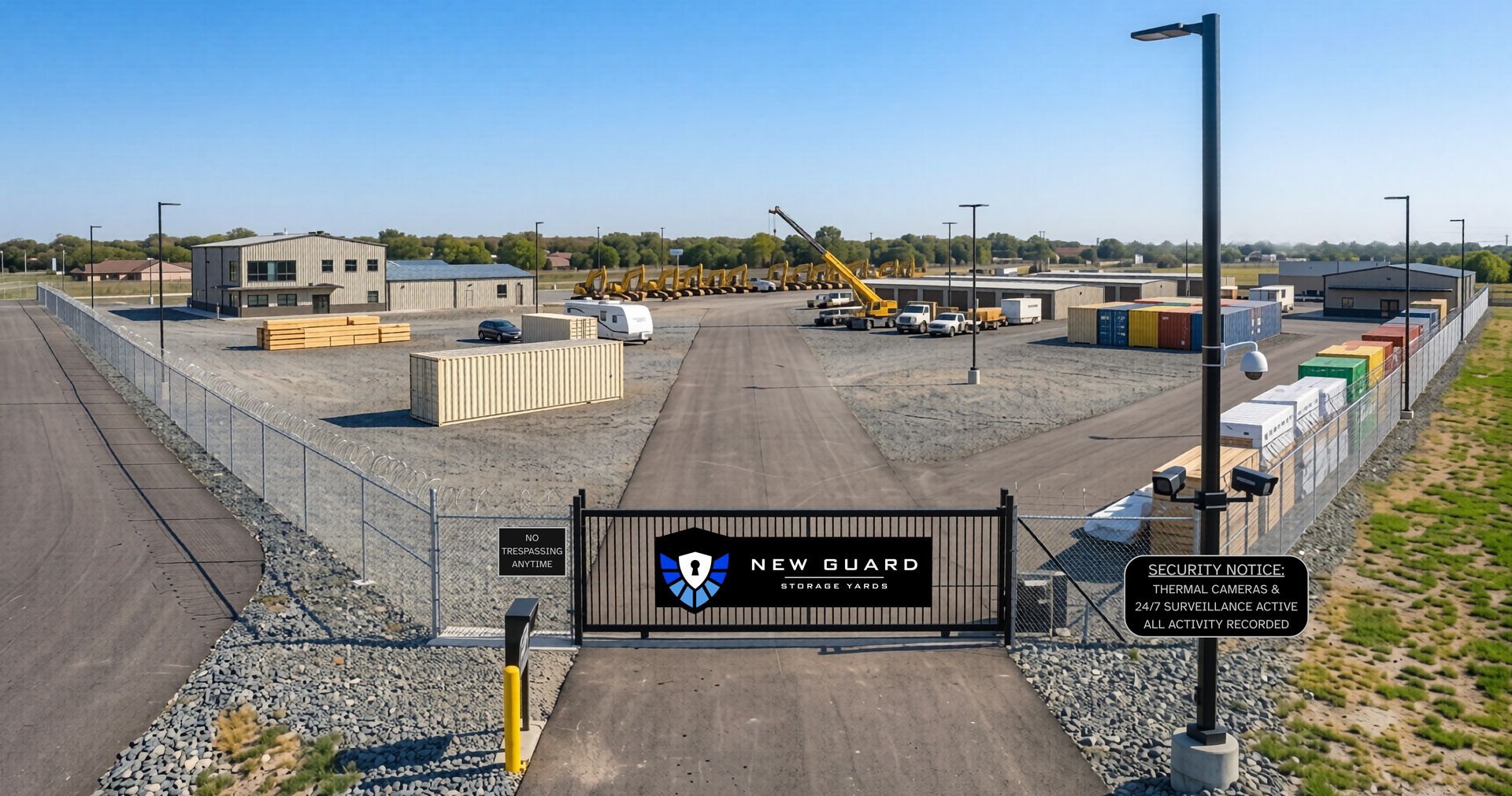 Gated gravel storage lot at New Guard Storage Yards